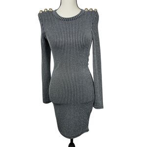 Fashion Nova Bodycon Dress Small Black Metallic Long Sleeve Button Shoulder